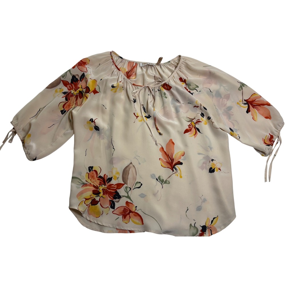 Yumi Kim Silk Blouse Women Cream Floral Excellent 3/4 Sleeve Tie Neck Sz Small